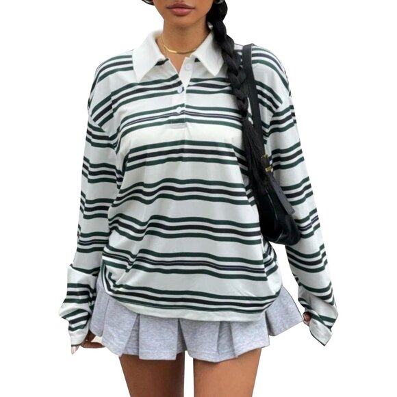 Oversized Striped Long Sleeve Polo Shirt Women V Neck Preppy Top - Picture 6 of 6